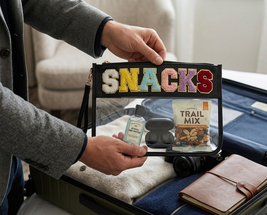 SNACKS Clear Pouch Chenille Varsity Letter Flat Travel Bag - Black or Green
