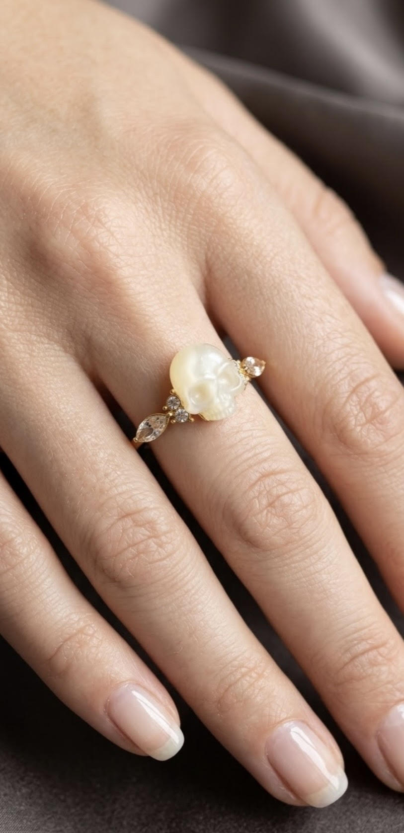Ring - Faux Pearl Skull with Rhinestone Accents - Size 11