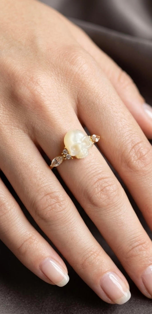 Ring - Faux Pearl Skull with Rhinestone Accents - Size 11