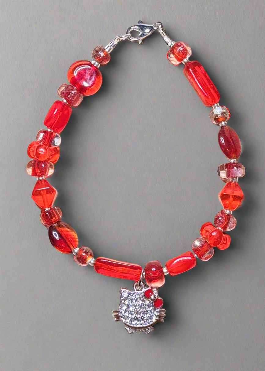 Handmade - Sparkling Hello Kitty Charm Beaded - 8" - Bracelet