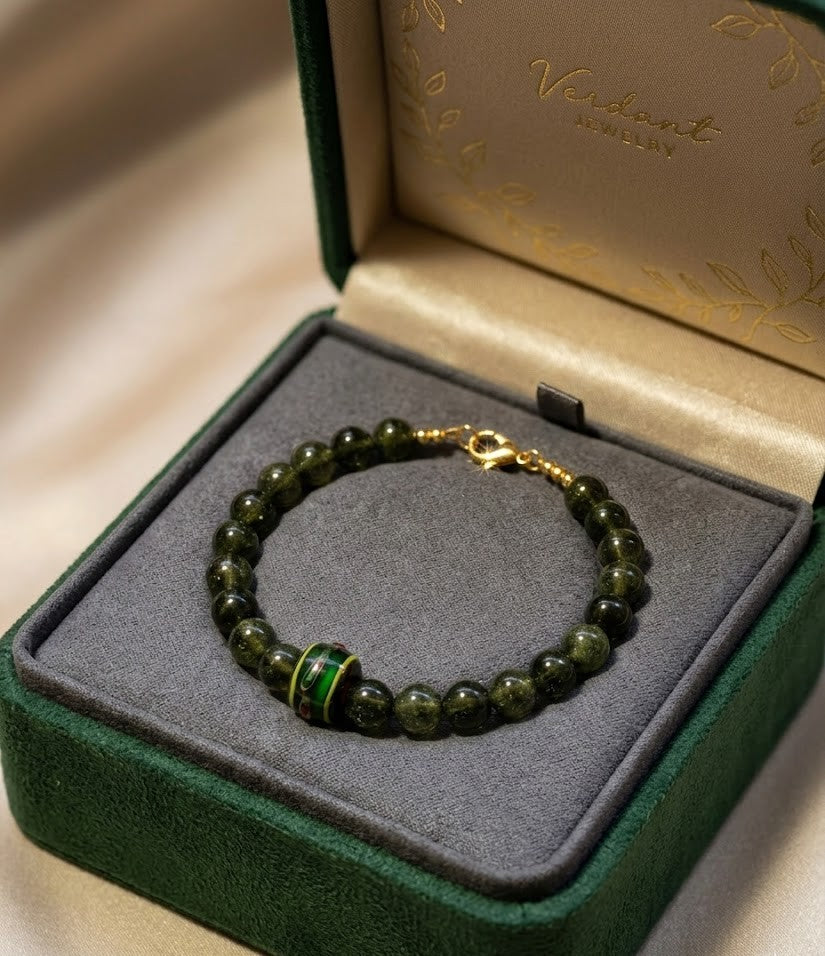 Handmade - Dark Green Glass Beaded Bracelet with Striped Centerpiece Bead