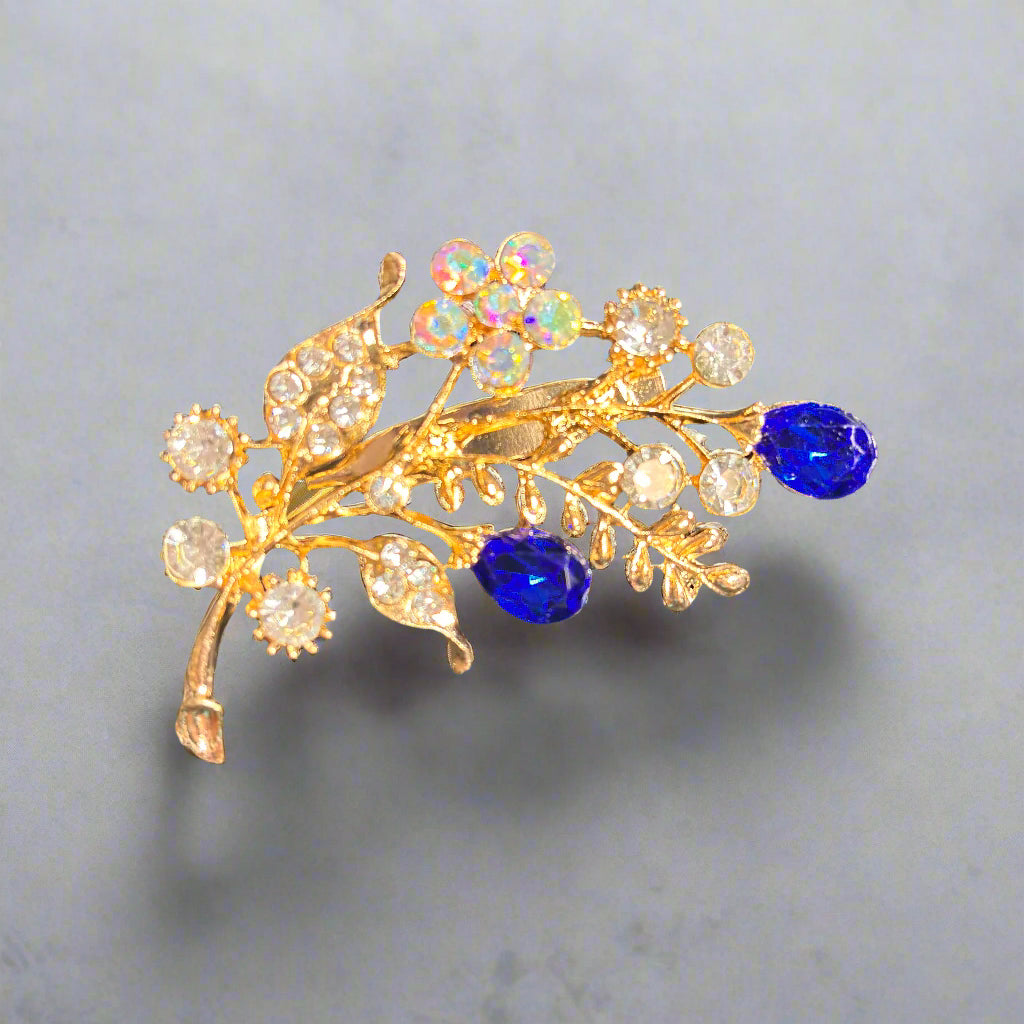 Brooch - Floral Leafy Branch with Blue Buds