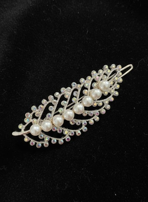 Silver Tone Leaf Shaped Hair Clip Adorned with Faux Pearls & Rhinestones