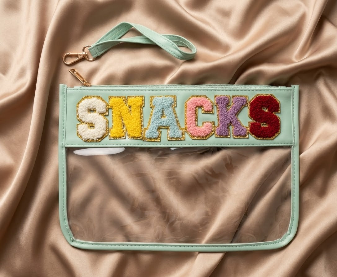SNACKS Clear Pouch Chenille Varsity Letter Flat Travel Bag - Black or Green