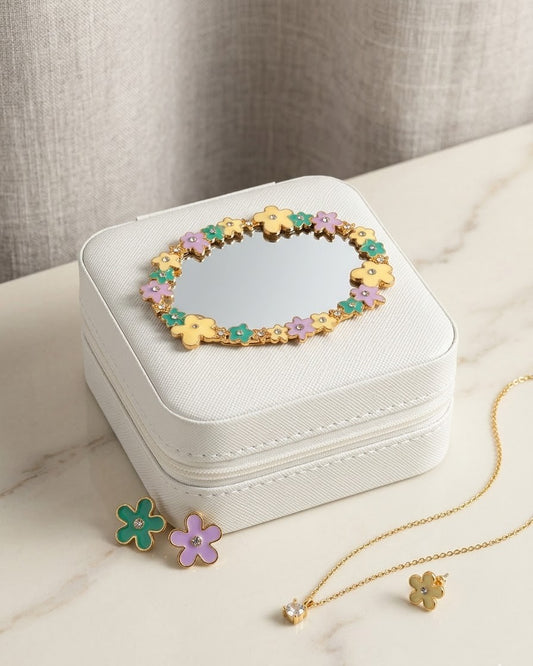 Travel Jewelry Box - Colorful Flowers with Mirror on Cover