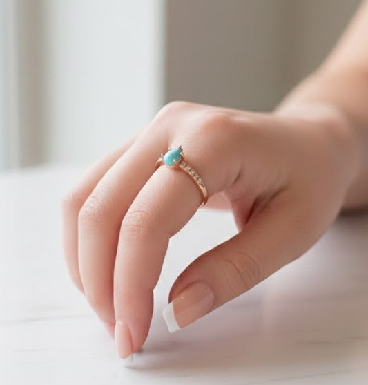 Ring - Pear Shaped Larimar Stone Adorned with Rhinestones - Size - 10.5