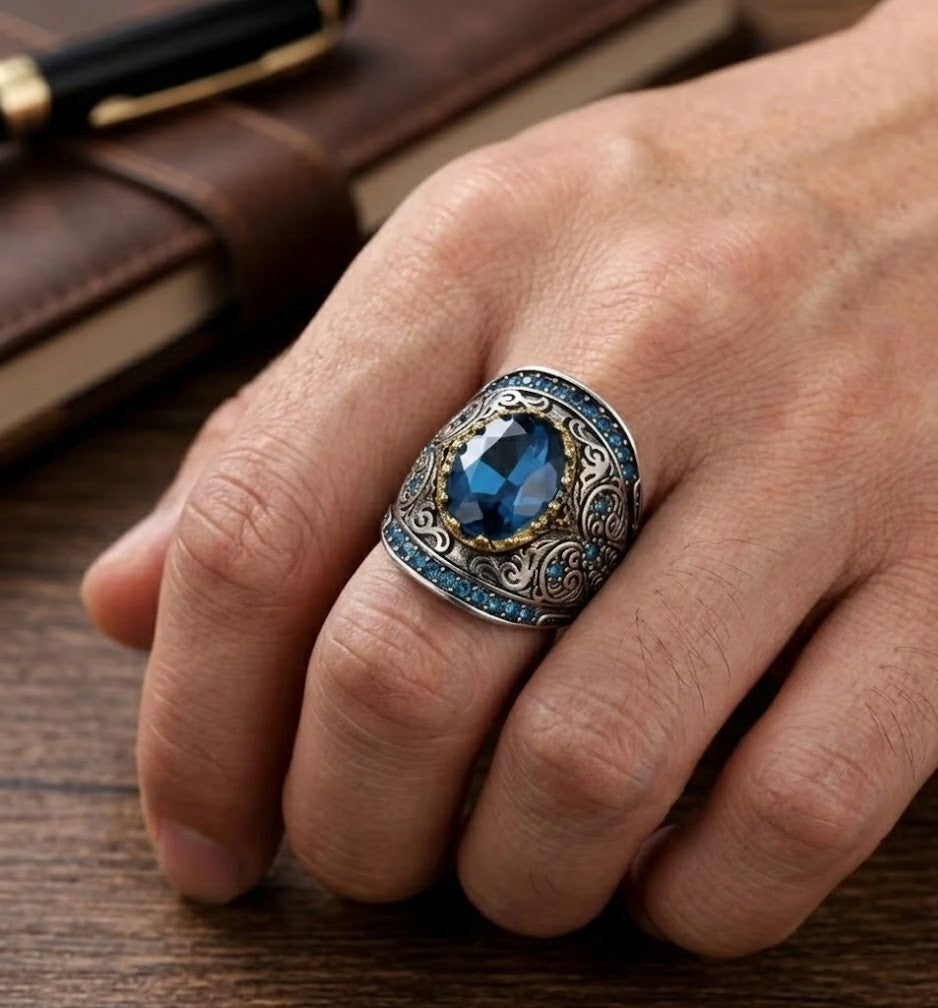 Vintage  Silver Blue Scroll Big Blue Oval Stone Wide Face Cocktail Ring - Size 9