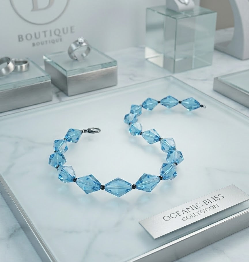 Handmade - Aqua Blue Faceted Crystals Bracelet - 8"