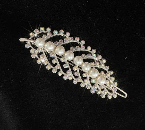 Silver Tone Leaf Shaped Hair Clip Adorned with Faux Pearls & Rhinestones