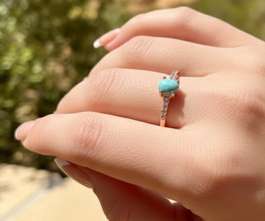 Ring - Pear Shaped Larimar Stone Adorned with Rhinestones - Size - 10.5