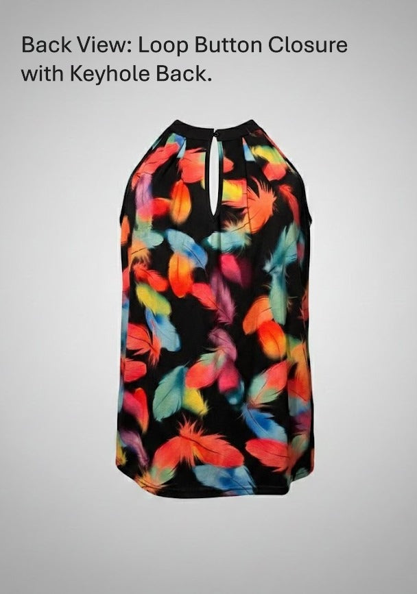 Blouse - Bold Feather Print - Sleeveless, Keyhole back - XXL