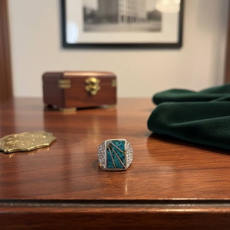 Ring - Preowned - Vintage Estate - Turquoise Mosaic Inlay - Signet - Size 9 - #1061