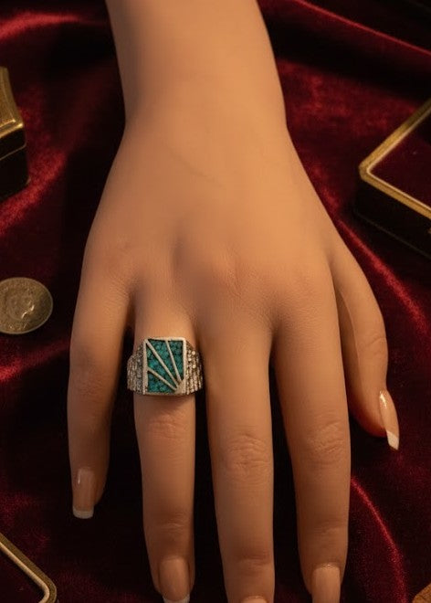 Ring - Preowned - Vintage Estate - Turquoise Mosaic Inlay - Signet - Size 9 - #1061