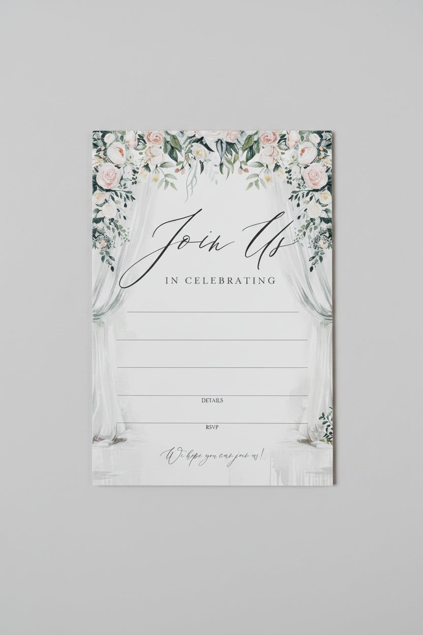 Pastel Rose Wreath Floral Theme Invitations - Set of 25