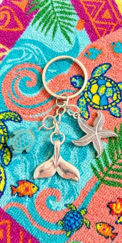 Keychain - Ocean Themed - Featuring Sea Turtle, Whale's Tail, & Starfish