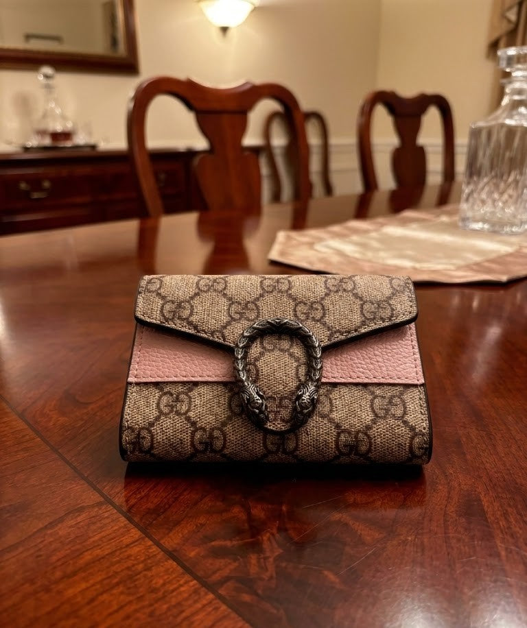 Wallet - Chic GD Monogram with Pink Leather Detail and Tiger Head Buckle