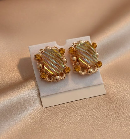 Oval Shaped Vintage Style Amber Color Iridescent Earrings