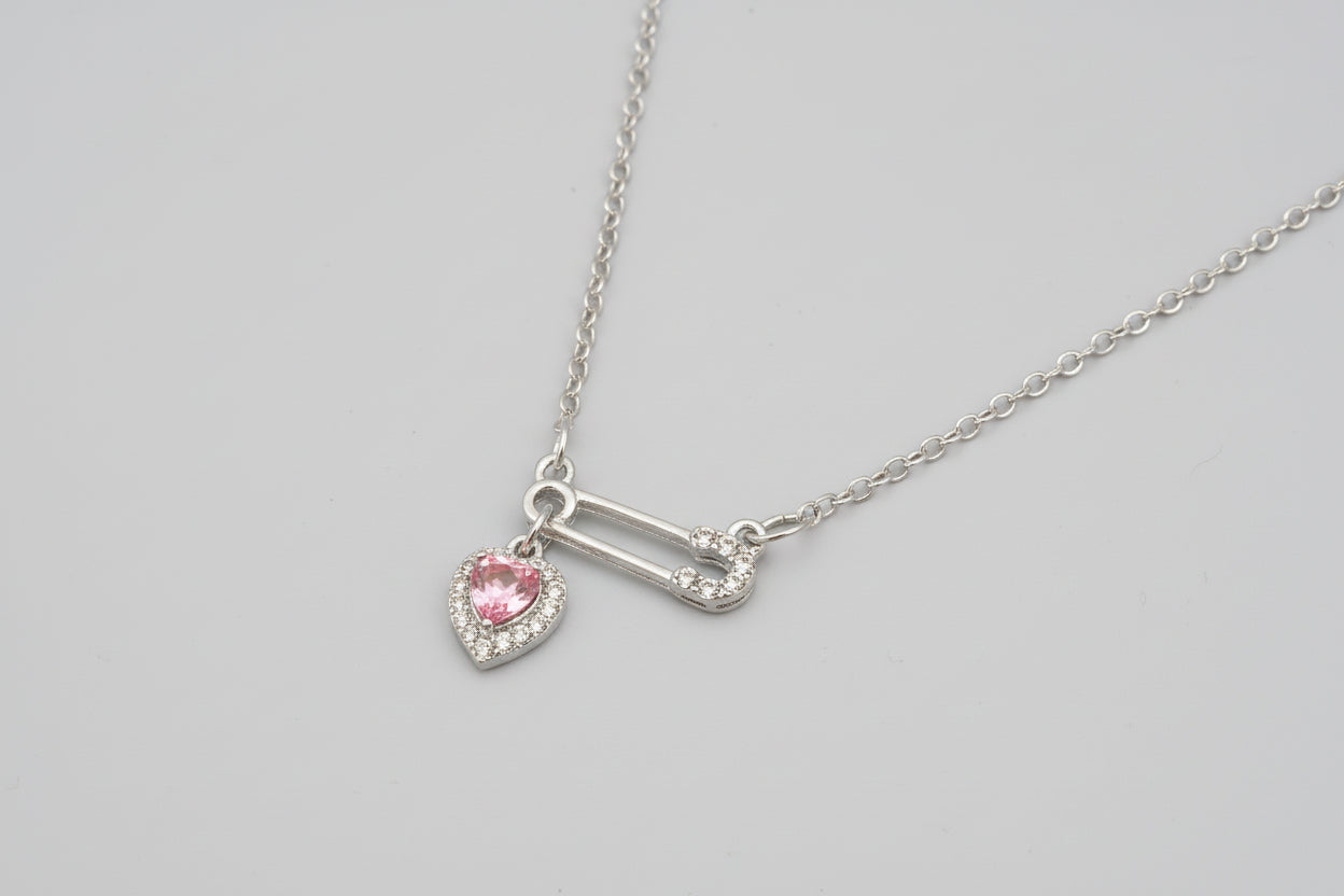 Necklace - Pink Dangle Heart Charm with Sparkly Safety Pin Pendant