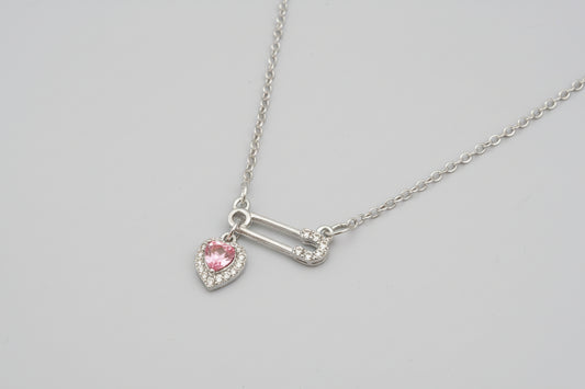 Necklace - Pink Dangle Heart Charm with Sparkly Safety Pin Pendant