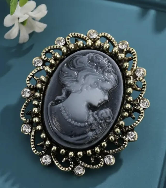 Brooch - Vintage Elegant Cameo with Rhinestone Accents