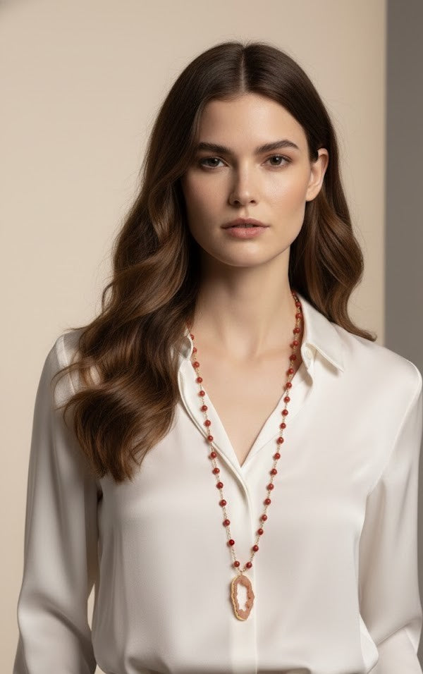 Handmade - Long Beaded Necklace with Gem Charm