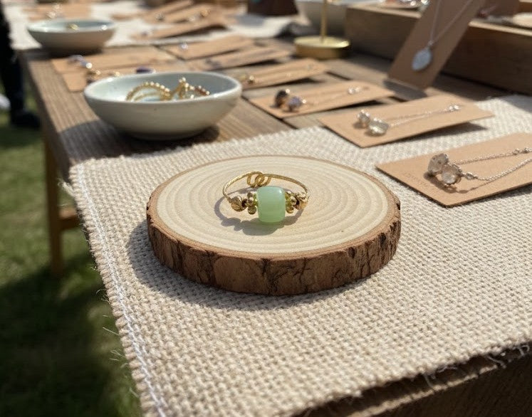 Handmade - Imitation Jade Bead Ring - Size Adjustable