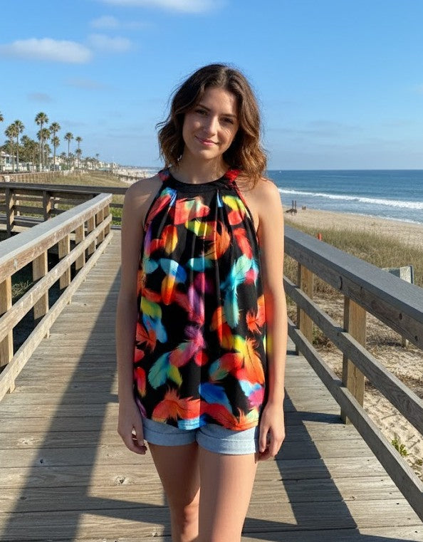 Blouse - Bold Feather Print - Sleeveless, Keyhole back - XXL