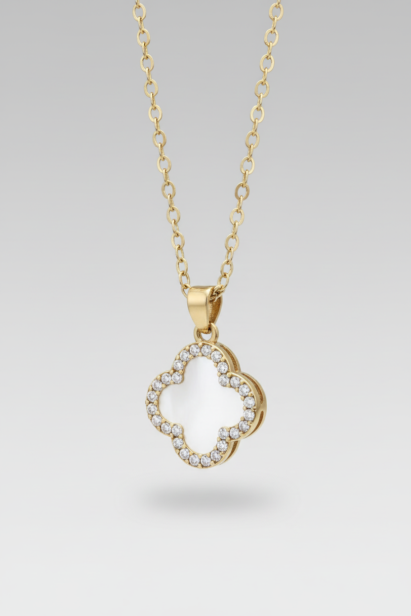White Inlay Four-Leaf Clover Pendant Necklace