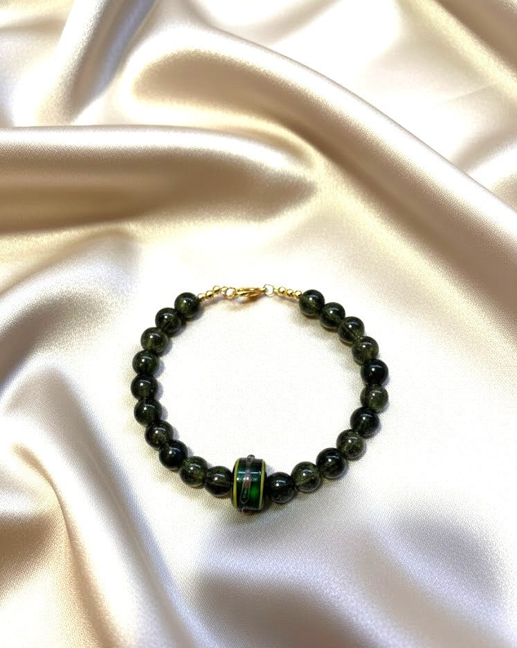 Handmade - Dark Green Glass Beaded Bracelet with Striped Centerpiece Bead